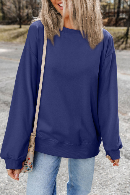 Navy Blue Plain Drop Shoulder Crewneck Pullover Sweatshirt