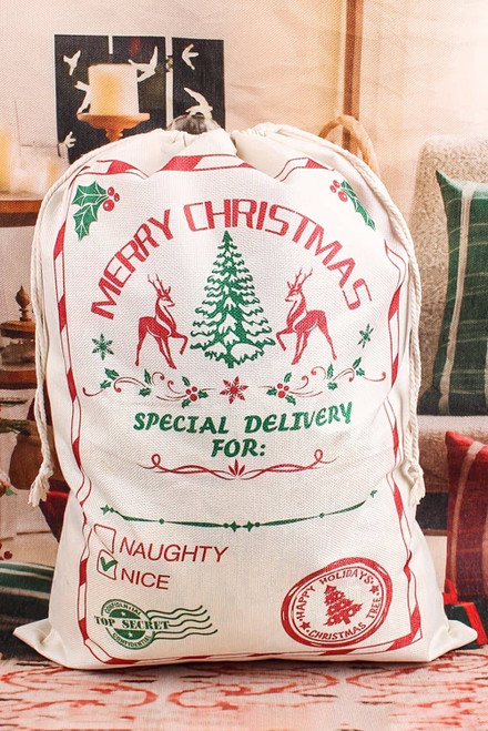White Merry Christmas Elk Print Drawstring Gift Sack White Merry Christmas Elk Print Drawstring Gift Sack