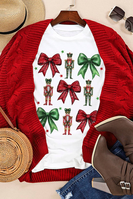 White Bowknot Nutcracker Printed Crewneck Christmas T Shirt White Bowknot Nutcracker Printed Crewneck Christmas T Shirt
