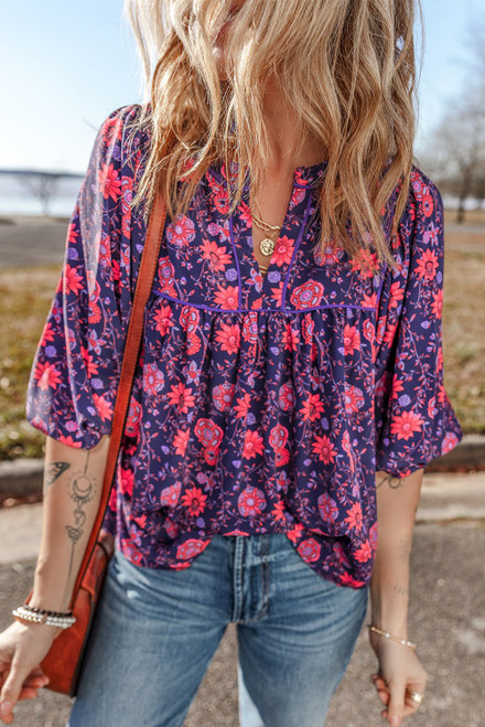 Purple Floral Half Sleeve Split Neck Blouse Top