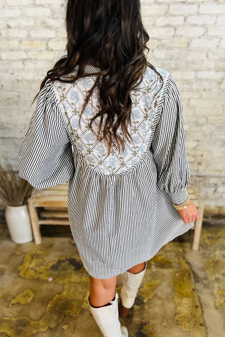 Black Stripe Floral Patchwork Tied V Neck Shift Long Sleeve Mini Dress Black Stripe Floral Patchwork Tied V Neck Shift Long Sleeve Mini Dress