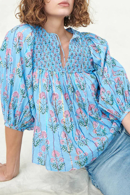 Sky Blue Floral Striped Print Shirred Yoke Split Neck Blouse Sky Blue Floral Striped Print Shirred Yoke Split Neck Blouse