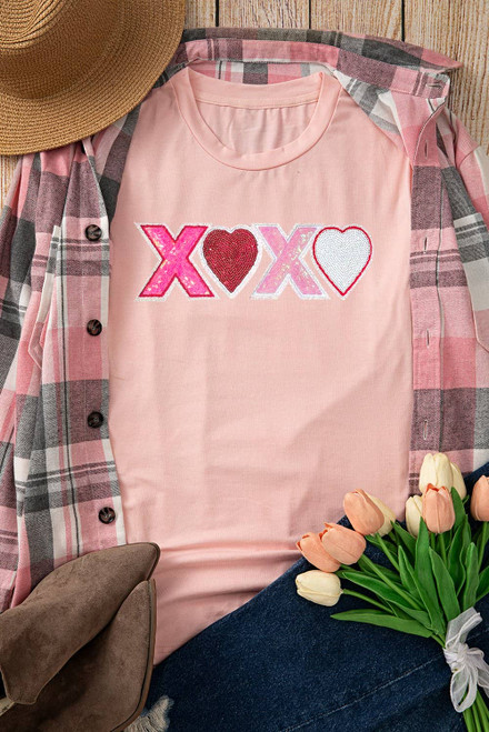 Pink Sequin Heart XOXO Patched Graphic Valentines T Shirt Pink Sequin Heart XOXO Patched Graphic Valentines T Shirt
