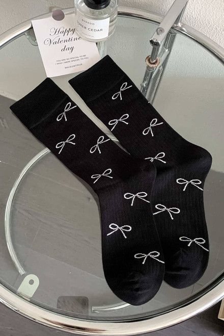 Black Bow Knot Print Ribbed Crew Socks Black Bow Knot Print Ribbed Crew Socks