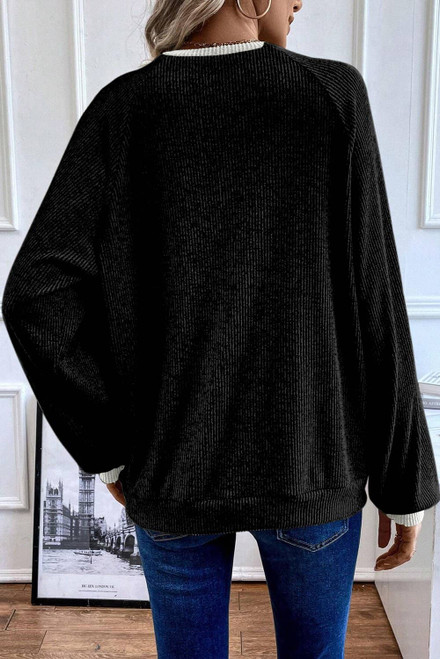 Black Color Contrast Ribbed Loose Fit Long Sleeve Top Black Color Contrast Ribbed Loose Fit Long Sleeve Top