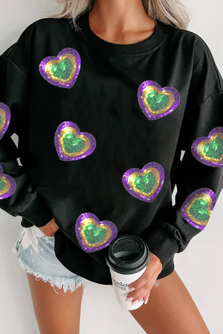 Black Mardi Gras Heart Print Crew Neck Sweatshirt Black Mardi Gras Heart Print Crew Neck Sweatshirt