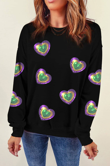 Black Mardi Gras Heart Print Crew Neck Sweatshirt Black Mardi Gras Heart Print Crew Neck Sweatshirt