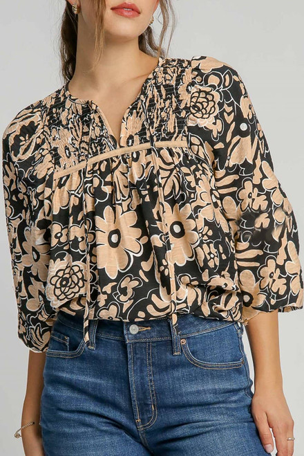 Black Floral Shirred Yoke Bracelet Sleeve Split Neck Boho Blouse Black Floral Shirred Yoke Bracelet Sleeve Split Neck Boho Blouse