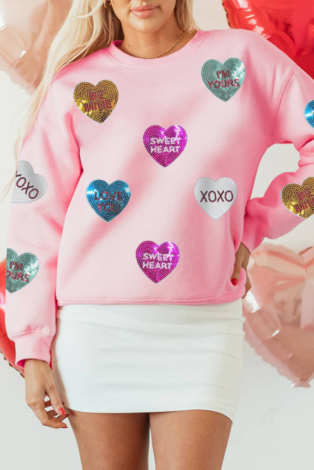Pink Sequin Romantic Letters Heart Graphic Valentines Sweatshirt Pink Sequin Romantic Letters Heart Graphic Valentines Sweatshirt