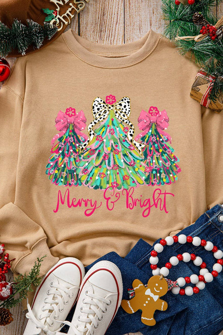 Khaki Merry & Bright Christmas Tree Print Pullover Sweatshirt Khaki Merry & Bright Christmas Tree Print Pullover Sweatshirt