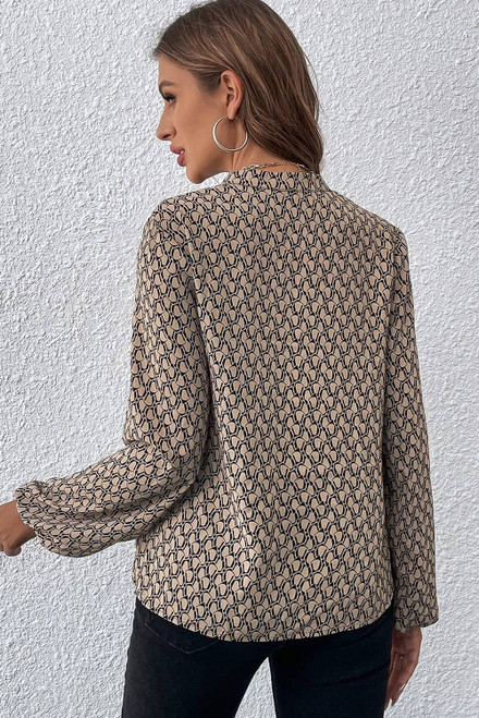 Khaki Geometric Print Notched Neck Puff Sleeve Blouse Khaki Geometric Print Notched Neck Puff Sleeve Blouse
