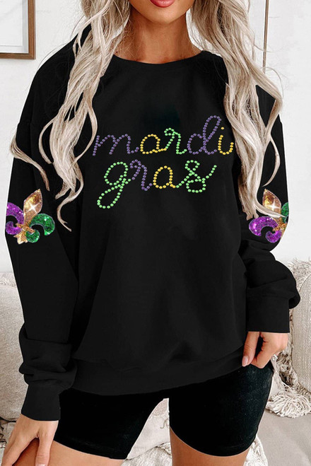 Black Ceramic Rhinestone mardi gras Letter Graphic Sweatshirt Black Ceramic Rhinestone mardi gras Letter Graphic Sweatshirt
