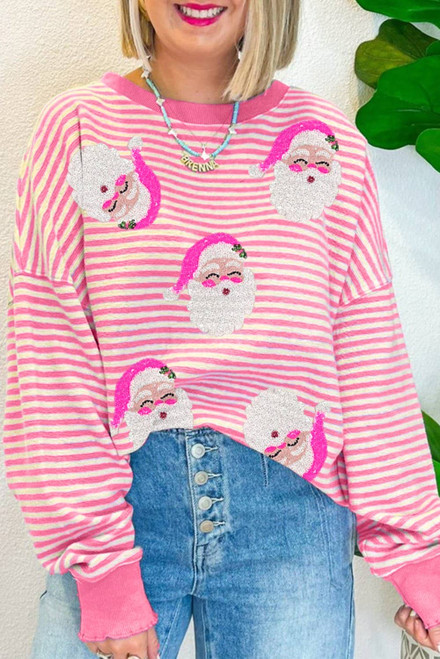 Pink Stripe Santa Clause Print Drop Shoulder Long Sleeve Loose Top Pink Stripe Santa Clause Print Drop Shoulder Long Sleeve Loose Top