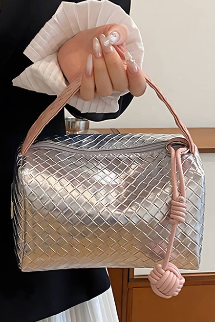 Silvery Lattice Texture Corded Ball Decor Weaven Handle Cosmetic Bag Silvery Lattice Texture Corded Ball Decor Weaven Handle Cosmetic Bag