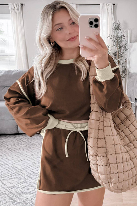 Coffee Color Contrast Loose Pullover and Lace-up Waist Skort Set Coffee Color Contrast Loose Pullover and Lace-up Waist Skort Set
