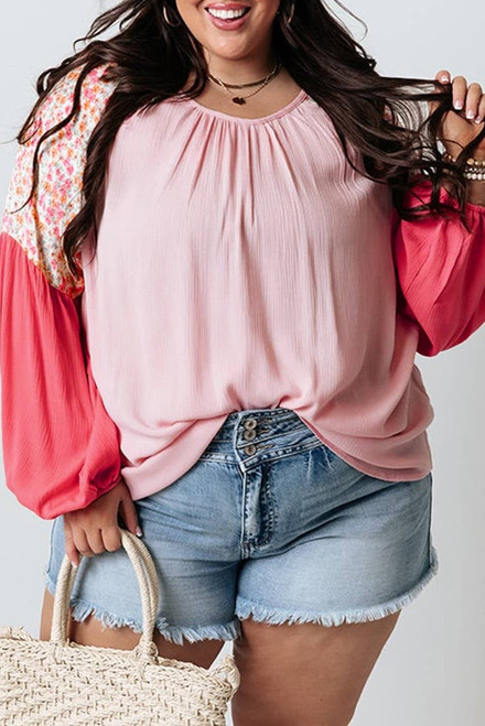 Pink Contrast Floral Patchwork Long Sleeve Plus Size Blouse Pink Contrast Floral Patchwork Long Sleeve Plus Size Blouse