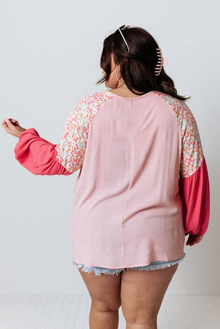 Pink Contrast Floral Patchwork Long Sleeve Plus Size Blouse Pink Contrast Floral Patchwork Long Sleeve Plus Size Blouse