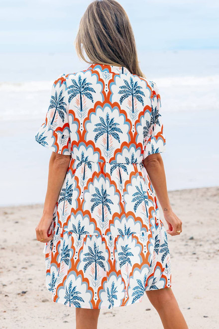 Orange Contrast Palm Tree Printed Short Sleeve Flowy Dress