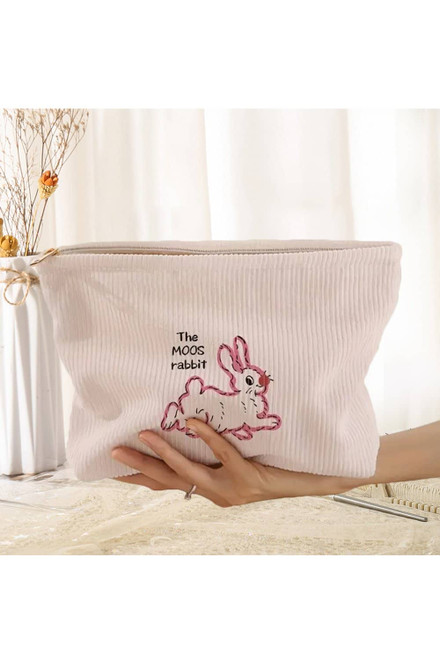 White Easter Rabbit Print Corduroy Makeup Storage Bag