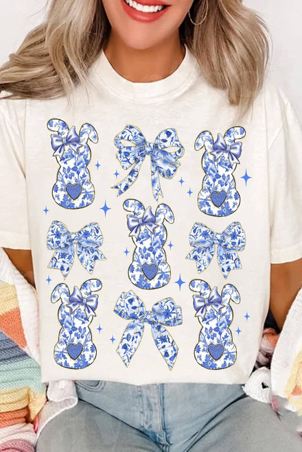 White Bowknot Bunny Graphic Easter Fashion T Shirt