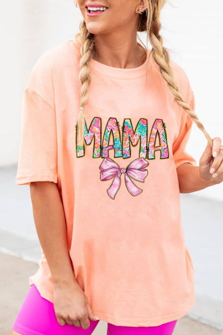 Pink Floral MAMA Bowknot Print Crewneck T Shirt Pink Floral MAMA Bowknot Print Crewneck T Shirt