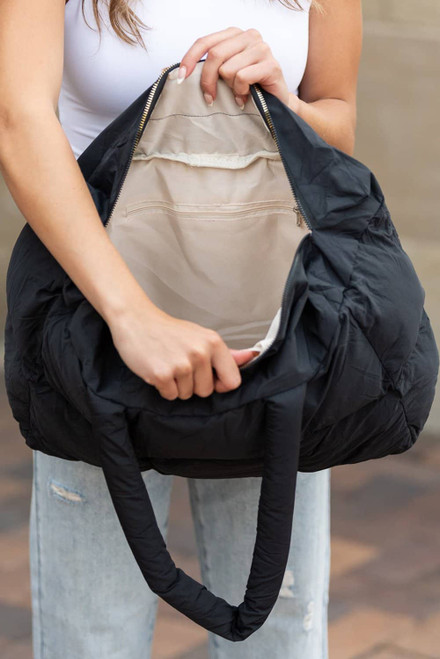 Color black Solid Quilted Puffy Zipped Large Tote Bag Color black Solid Quilted Puffy Zipped Large Tote Bag