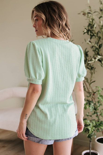 Mist Green Textured Round Neck Short Puff Sleeve Top Mist Green Textured Round Neck Short Puff Sleeve Top