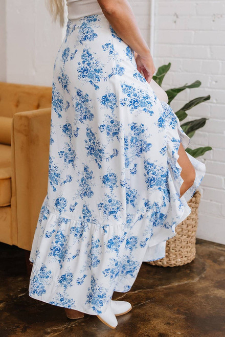 Sky Blue Boho Floral High Waist Ruffle Split Maxi Skirt Sky Blue Boho Floral High Waist Ruffle Split Maxi Skirt