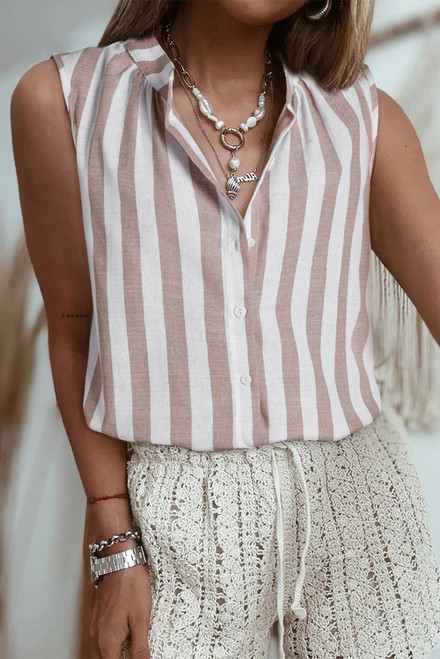 Khaki Stripe Casual Button Down Sleeveless Shirt