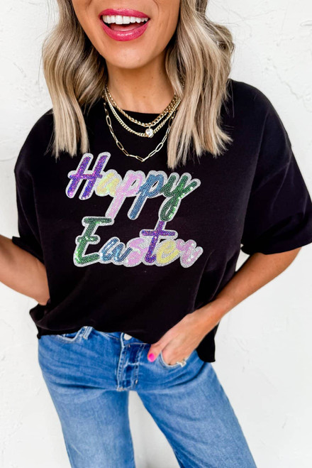 Black Sequined Happy Easter Graphic Tee Black Sequined Happy Easter Graphic Tee