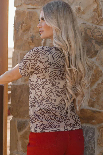 Brown Rodeo Print Round Neck Slim Fit Mesh T Shirt