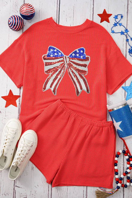 Orange Independence Day Sequin Bow Graphic Twist Rib Textured Short Set Orange Independence Day Sequin Bow Graphic Twist Rib Textured Short Set