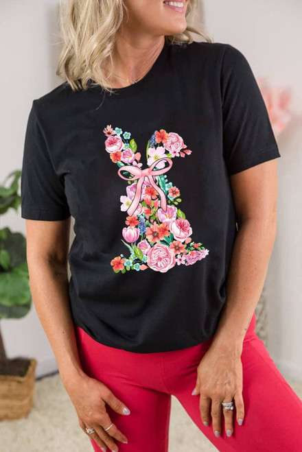 Black Floral Rabbit Graphic Easter Fashion Tee