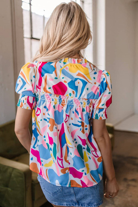 Multicolour Abstract Print Lace Detail Shirred Short Sleeve Split Neck Blouse Multicolour Abstract Print Lace Detail Shirred Short Sleeve Split Neck Blouse