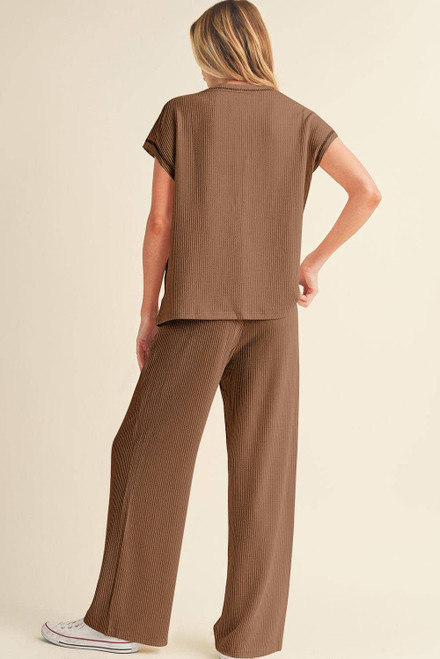 Coffee Solid Color Corded Short Sleeve Top and Casual Pants Set Coffee Solid Color Corded Short Sleeve Top and Casual Pants Set