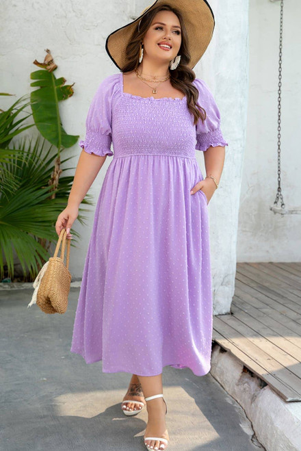 Wisteria Swiss Dot Smocked Frilled Neckline Short Sleeve Plus Size Dress