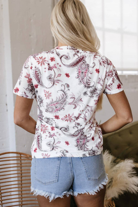 White Vintage Paisley Mock Neck T Shirt