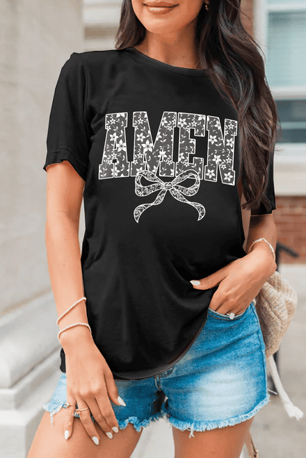 Black Floral AMEN Bow Printed T Shirt