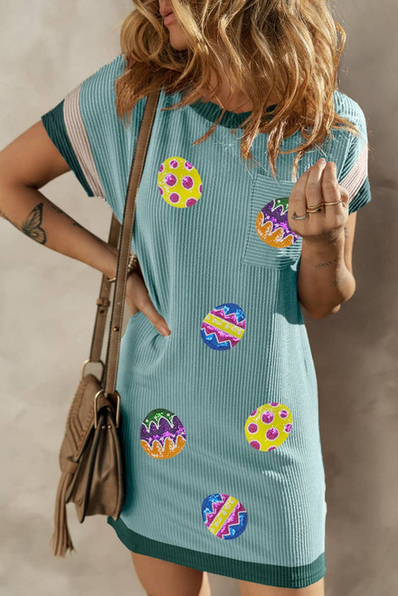 Moonlight Jade Corded Easter Eggs Patched Colorblock Detail Short Shift Dress
