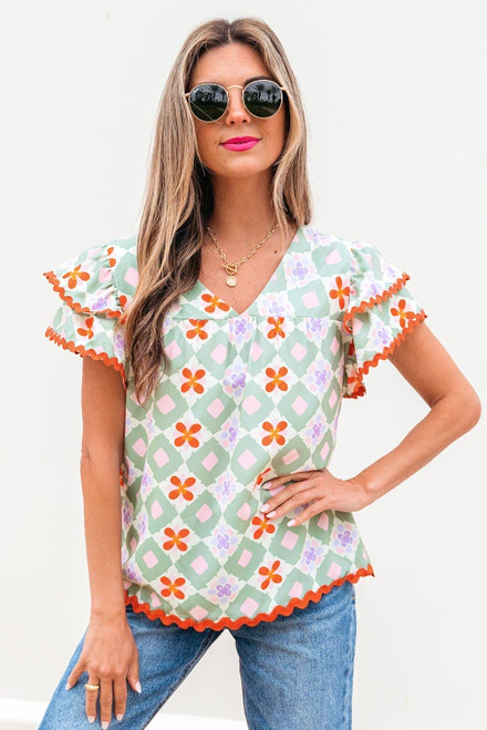 Green Geometric Floral Print Layered Flutter Sleeve V Neck Ric Rac Trim Blouse Green Geometric Floral Print Layered Flutter Sleeve V Neck Ric Rac Trim Blouse