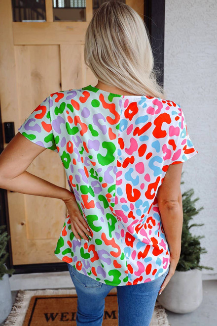 Green Contrast Leopard Print V Neck Short Sleeve Blouse Green Contrast Leopard Print V Neck Short Sleeve Blouse