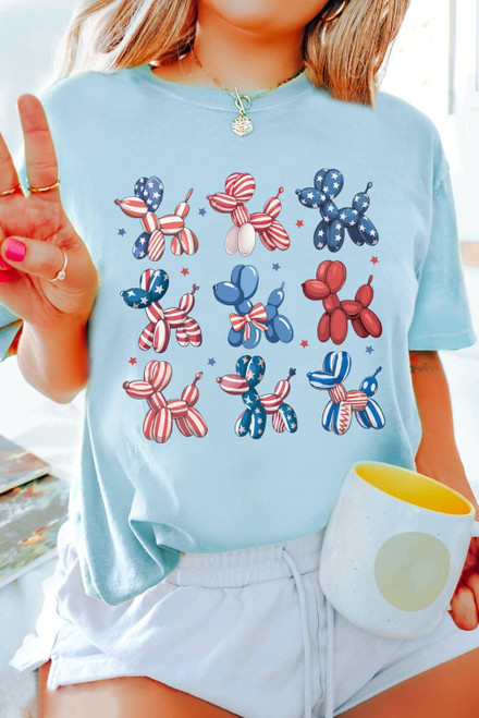Light Blue American Flag Balloon Dogs Print Crew Neck T Shirt