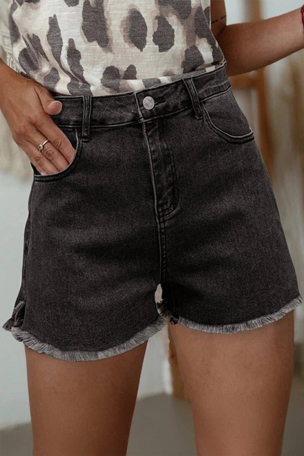 Carbon Grey Raw Hem High Waist Denim Shorts