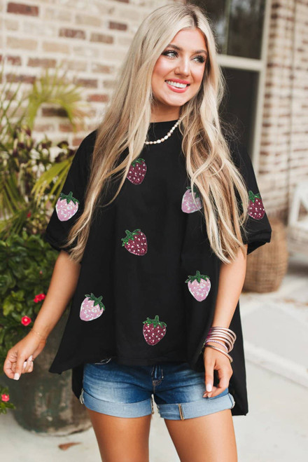 Black Sequin Strawberry Graphic High Low Relaxed Fit Tee Black Sequin Strawberry Graphic High Low Relaxed Fit Tee