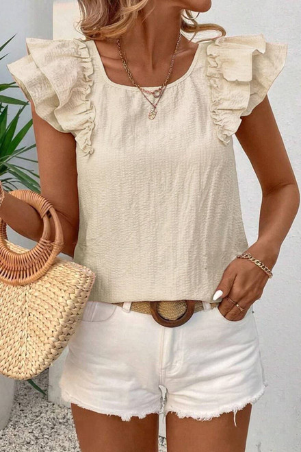 Beige Textured Bow Knot Frilled Butterfly Sleeve Blouse