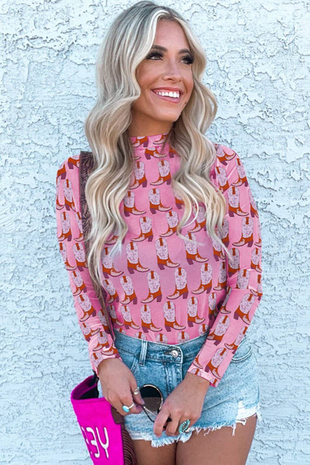 Pink Cowgirl Boots Printed Mock Neck Long Sleeve Mesh Top