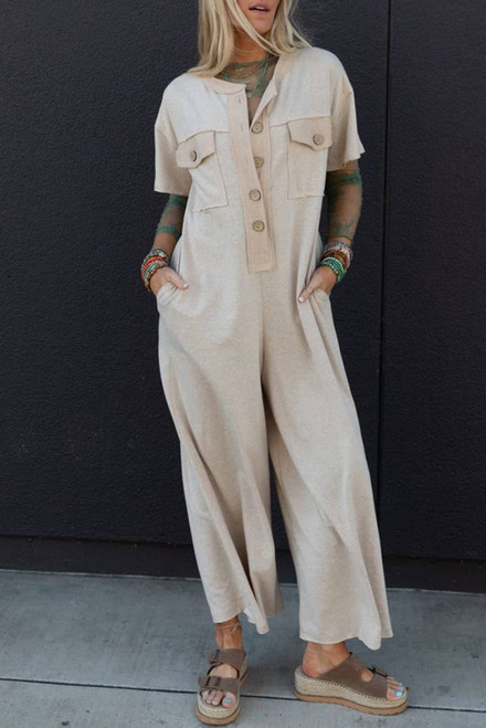Beige Half Placket Chest Pockets Short Sleeve Wide Leg Jumpsuit Beige Half Placket Chest Pockets Short Sleeve Wide Leg Jumpsuit