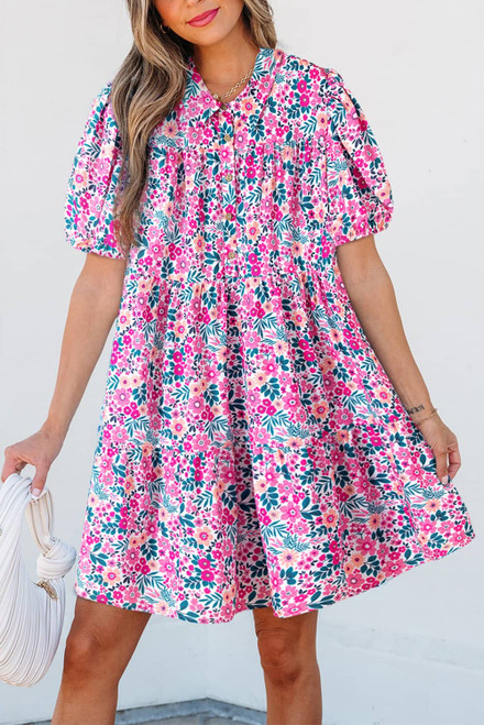 Pink Floral Collared Half Placket Short Sleeve Loose Dress Pink Floral Collared Half Placket Short Sleeve Loose Dress