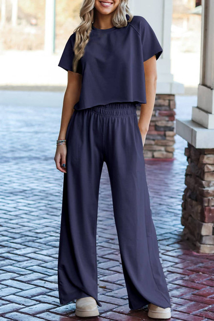 Navy Blue Raw Hem Loose Tee and Wide Leg Pants Set Navy Blue Raw Hem Loose Tee and Wide Leg Pants Set