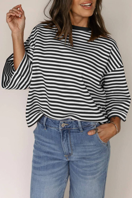 Black Stripe Bowknot Cutout Back Drop Shoulder Wide Bracelet Sleeve Loose Tee